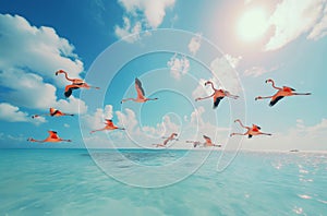 Flamingos flying over the azure Caribbean sea