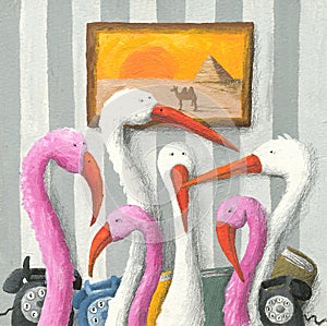 Flamingos in a funny office