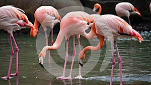 Flamingos are gathering together in the zoo.