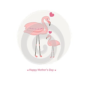 Flamingos. Mother flamingo and baby flamingo.Mother`s day greeting card