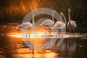 Flamingos at Sunset in Wetlands