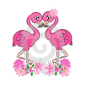 flamingos Valentines Day A pair of cute lovers pink flamingos with cute eyes with eyelashes with flowers beautiful card