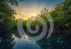 Colorful Flamingos in Mangrove Sunset, generative ai photo