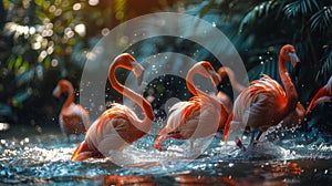 Flamingos wading in water at sunset
