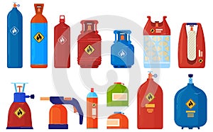 Flammable gas cylinder container vector illustration set, cartoon flat inflammable argon, acetylene, lpg propane or photo