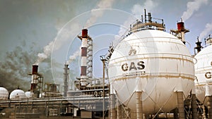 flammable gas or LNG storage tanks on refinery plant or processing plant, fictive design - industrial 3D illustration