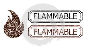 Flammable Grunge Seals with Notches and Fire Flame Mosaic of Coffee Grain