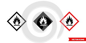 Flammable hazard icon of 3 types color, black and white, outline. Isolated vector sign symbol