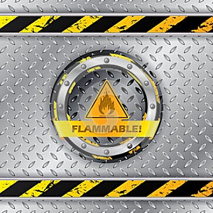 Flammable warning sign on metallic plate