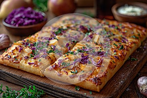 Flammkuchen with pears, red cabbage and lactose-free cheese.