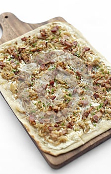 Flammkuchen tarte flambee rectangular pizza  with bacon and chicken