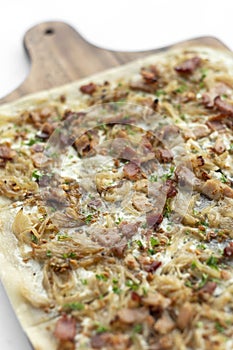 Flammkuchen tarte flambee rectangular pizza with bacon and chicken