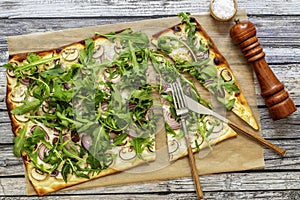Flammkuchen - Traditional German pizza or french tarte flambee in vegetarian recipe