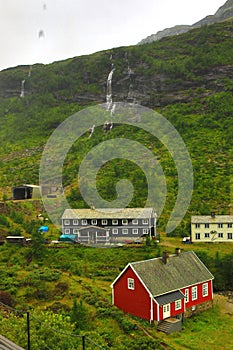 Flamsdalen Valley on rainy summer day Norway mountains