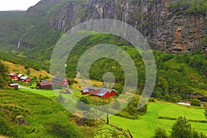 Flamsdalen valley traditional village Norway scenery