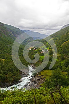 Flamsdalen valley view rainy summer day Norway