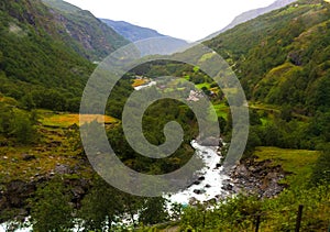 Flamsdalen valley view rainy summer day Norway