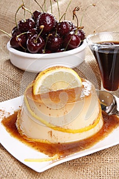 Flan and cherries photo