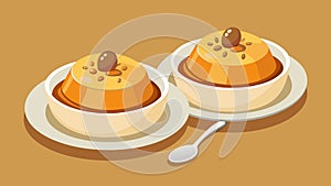 The flan is served in individual ramekins each adorned with a drizzle of caramel and a sprinkle of crushed nuts.. Vector photo
