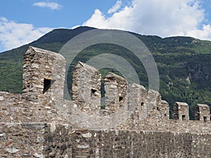 Flanking wall of castle in Bellinzona city in Switzerland