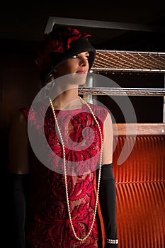 Flapper dress 1920 lady afternoon tea in train