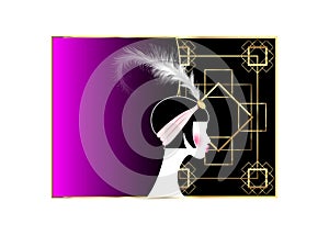 Flapper girl, retro woman of twenties. Retro party invitation design with a beautiful portrait 1920s style, fashion silhouette