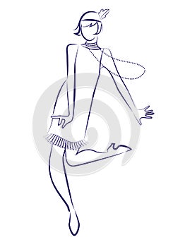 Flapper girl wearing 1920s clothes and long necklaces dancing