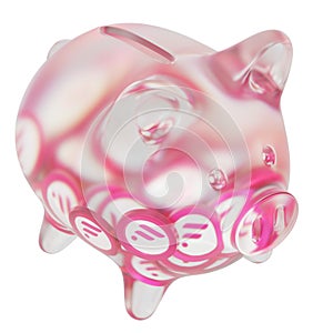 Flare (FLR) Clear Glass piggy bank with decreasing piles of crypto coins.