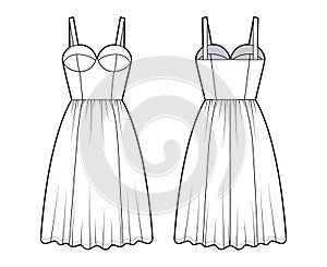 Flared dress technical fashion illustration with bustier, sleeveless, fitted body, knee length ruffle skirt. Flat