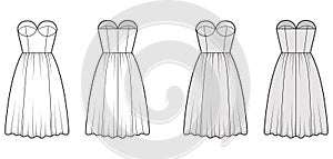 Flared dress technical fashion illustration with bustier, sleeveless, strapless, fitted body, knee length ruffle skirt.