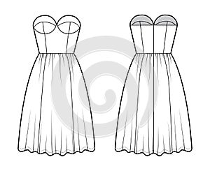 Flared dress technical fashion illustration with bustier, sleeveless, strapless, fitted body, knee length ruffle skirt.