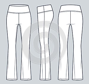 Flared Leggings technical fashion illustration, fashion design. Sports Leggings Pants fashion flat technical drawing template,