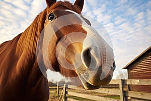 flared nostrils of a horse with a barn background