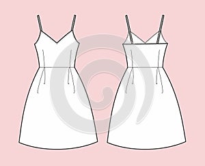 Flared strap dress flat sketch. Summer gown apparel design. Front back.