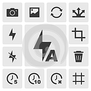 Flash auto icon vector design. Set of smartphone camera app icons silhouette, solid black icon. Phone application icons concept