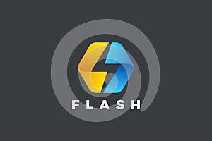 Flash Bolt Energy Logo Power design vector template Negative space style. Hexagon Thunderbolt icon