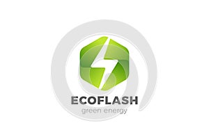 Flash Bolt Green Energy Logo Power design vector template Negative space style. Hexagon Thunderbolt icon