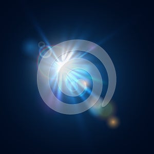 Flash burst of star light with blur and lens flare effect. Shining sun glow. Sparkling light of sun rays oNeon blue beam