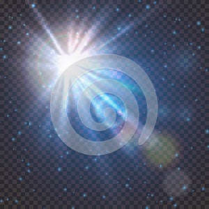 Flash burst of star light with blur and lens flare effect. Shining sun glow. Sparkling light of sun rays on transparent photo