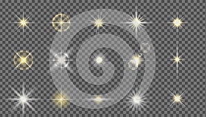 Flash camera light effect. Realistic twinkle stars. Vector glow shine element set photo