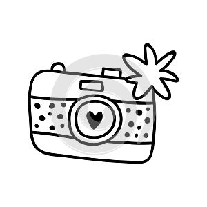 Flash camera, shooting equipment. Digital technology. Vector illustration in doodle style. Isolate on a white background