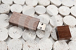 Flash drive in a brown brown wooden case on a structured gray background