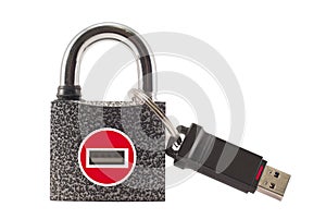 Flash drive and closed lock. Encryption and data security