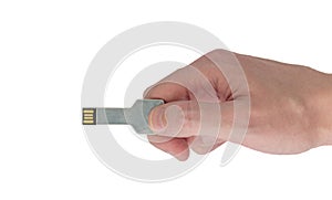 Flash Drive Disk shaped like a key in hand on isolated white background