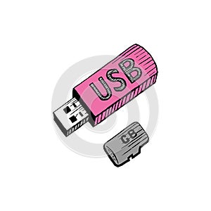 Flash drive USB and memory card hand drawn sketch