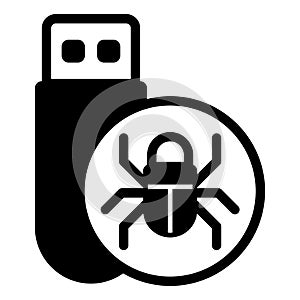 Flash drive with virus solid icon, hacker attacks concept. Vector graphics. Hacker exploit, bug on pen drive sign on