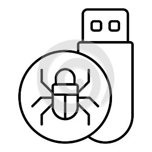 Flash drive with virus thin line icon, hacker attacks concept. Vector graphics. Hacker exploit, bug on pen drive sign on