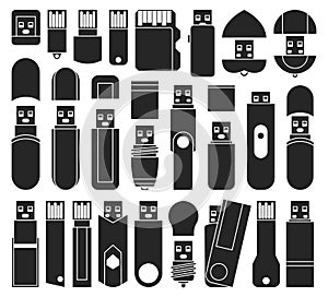 Flash drives isolated black set icon. Vector black set icon usb. Vector illustration flash drives on white background.