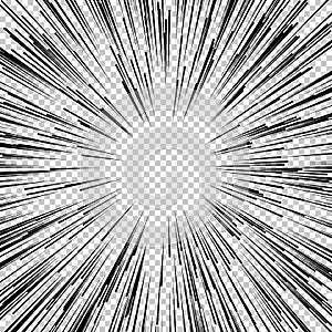 Flash explosion radial lines in comic book or manga style isolated on transparent background. Vector black light strips
