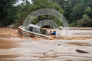 flash flood causes a boat to capsize and float downstream